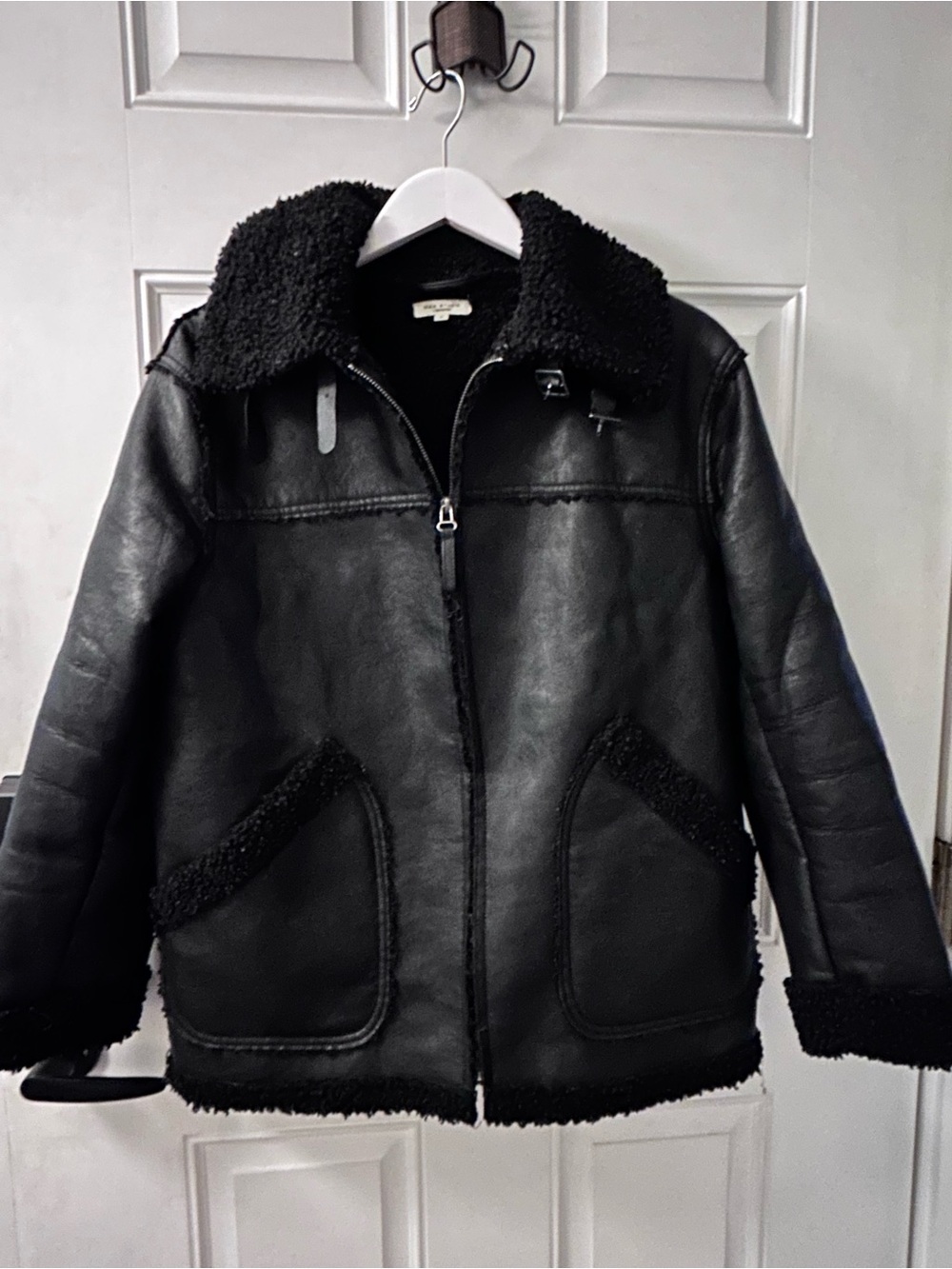 Max Studio Black Faux Shearling Aviator Puffer Jacket